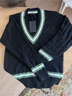 Black V-Neck Cable Knit Sweater with Green Contrast Trim